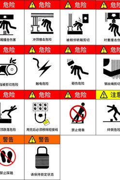 有机房电梯设备危险标识对重撞击伤害钢丝绳剪切