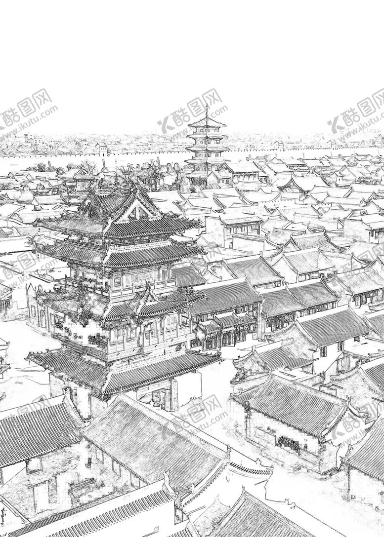 编号：30440902111536114991【酷图网】源文件下载-传统文化古建筑黑白线条画