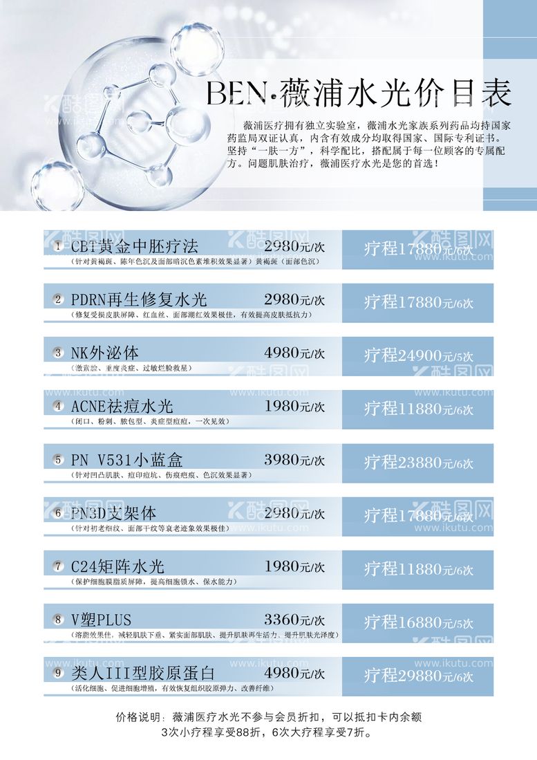 编号：40025911281022127538【酷图网】源文件下载-医美皮肤管理水光价目表