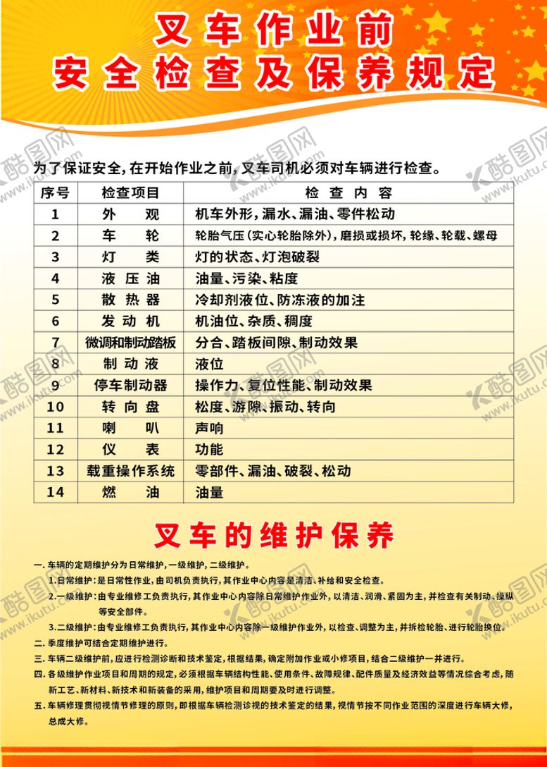 编号：95385304302317379548【酷图网】源文件下载-叉车作业前安全检查及保养规定