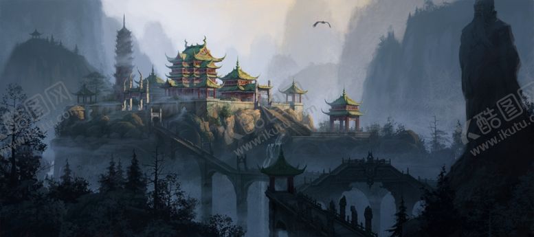 大气仙侠魔幻场景插画山脉山川山水色古风山水境