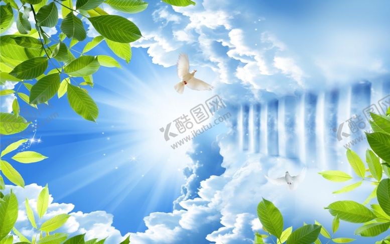 编号：14158409260210489174【酷图网】源文件下载-花鸟画蓝天背景墙