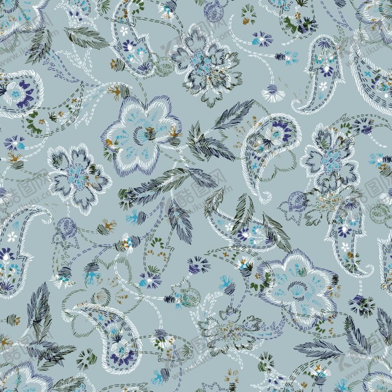 编号：55697404271556021852【酷图网】源文件下载-浅蓝色花卉佩斯利图案布料