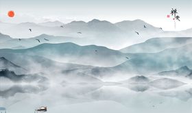 水墨山水小船背景墙
