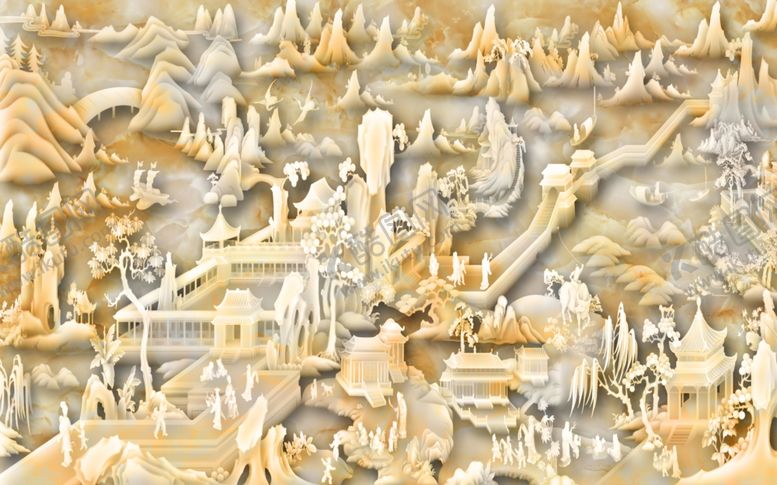 编号：94106609260633055929【酷图网】源文件下载-玉雕古建筑背景墙