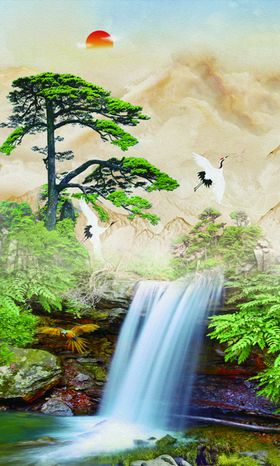 泰山山水仙鹤水墨画