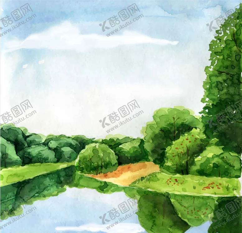 编号：95629607081346129338【酷图网】源文件下载-水彩绘蓝天绿色树木素材