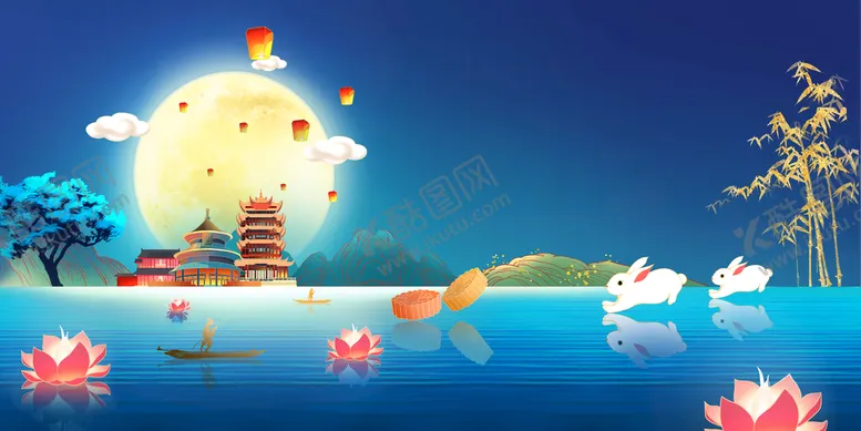 编号：28704109151347538627【酷图网】源文件下载-深蓝色中秋月亮海报玉兔远景