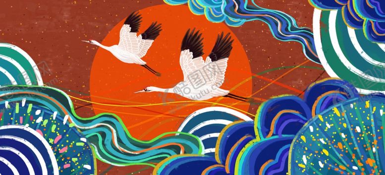 编号：55465509191406156418【酷图网】源文件下载-国潮仙鹤插画