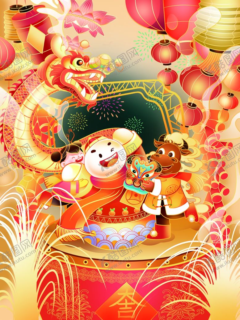 编号：95604007071927344060【酷图网】源文件下载-手绘牛年国潮牛年