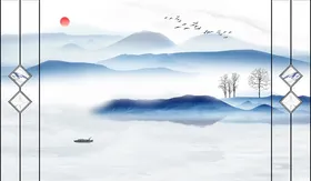 新中式背景鸟船山水大理石纹