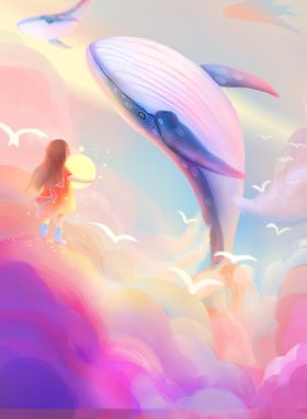 玫瑰色梦幻鲸鱼女孩与日落治愈系