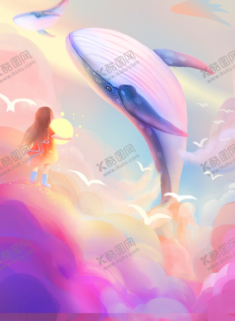 编号：45441405041958528802【酷图网】源文件下载-女孩日落鲸鱼与天空治愈系插画