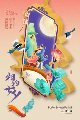 七夕海报卡通卖场节插画展板