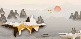 新中式水墨山水背景墙飞鸟背景大气