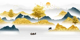 金色麋鹿意境山水装饰画客厅新中式线条