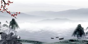 水墨山水背景飞鸟抽象禅意