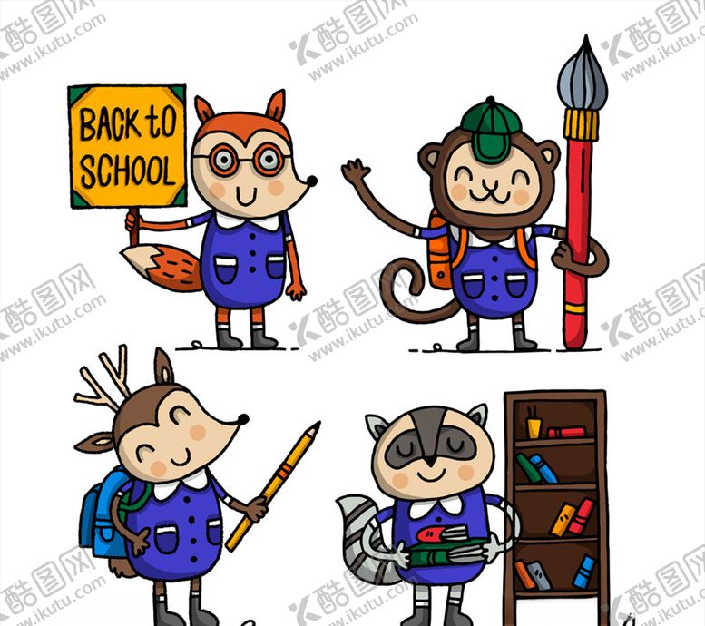 编号：18048109291350482952【酷图网】源文件下载-4款彩色开学动物