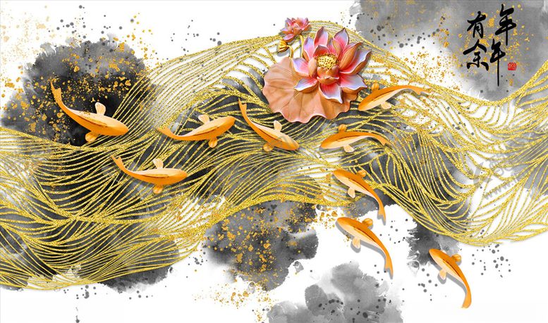编号：60821905092313456112【酷图网】源文件下载-水墨画荷花九鱼背景墙