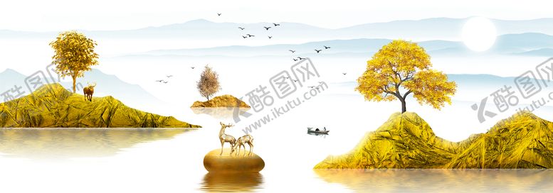 编号：91875209261044588259【酷图网】源文件下载-水墨麋鹿山水装饰画