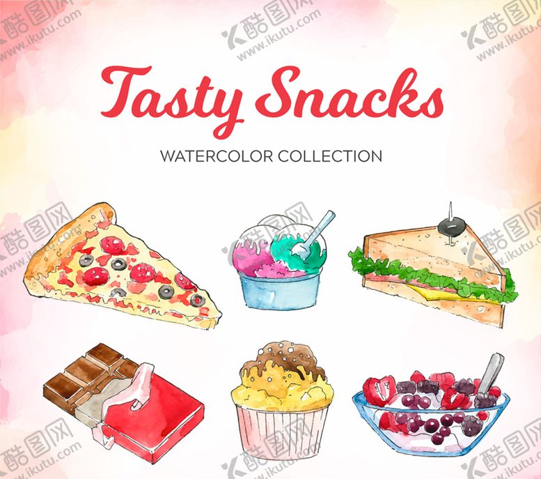 编号：77977310031511578317【酷图网】源文件下载-6款水彩绘美味零食
