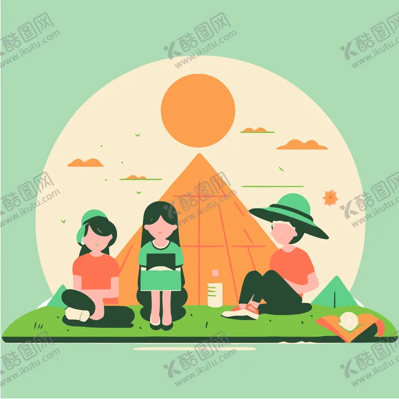 编号：81296409130823295706【酷图网】源文件下载-三个小孩坐在野外读书柔和色彩卡通插画