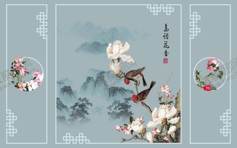 编号：52635209201836522572【酷图网】源文件下载-鸟语花香新中式背景墙