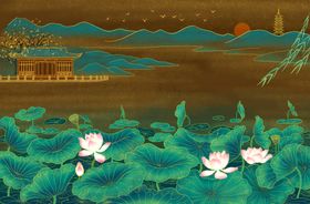 国潮古风中国风金色大气山水国画