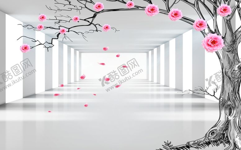 编号：30641209110647341622【酷图网】源文件下载-3D空间拓展浪漫玫瑰树电视背景