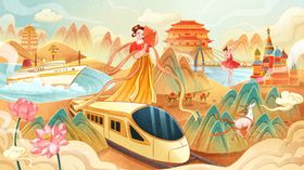 手绘国风一带一路插画国潮插画