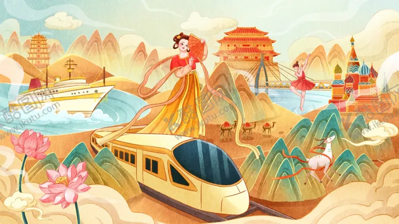 编号：93004912200143124623【酷图网】源文件下载-手绘国风一带一路插画国潮插画