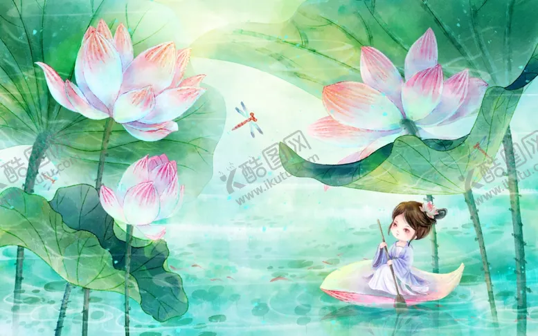 编号：35393806292101519130【酷图网】源文件下载-荷塘泛舟少女唯美画面