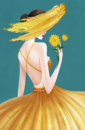 水彩手拿花束美女挂画装饰画