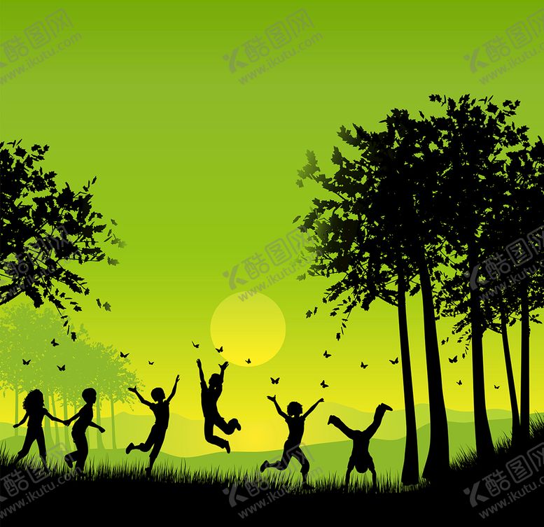 编号：46745609280529499370【酷图网】源文件下载-在森林玩耍的儿童剪影
