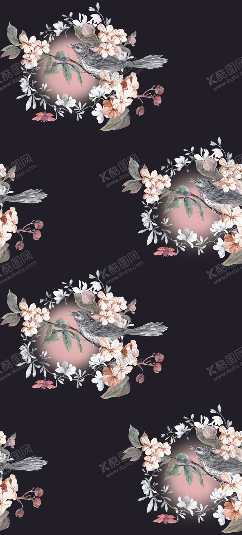 编号：82677006170434207999【酷图网】源文件下载-花鸟黑底无缝背景