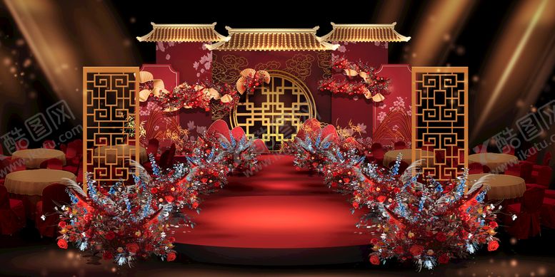 编号：39851209171544551935【酷图网】源文件下载-中式婚礼舞台效果图