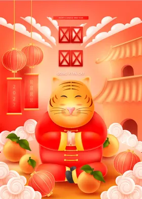 新年海报老虎插画手绘灯笼手绘老虎鞭炮