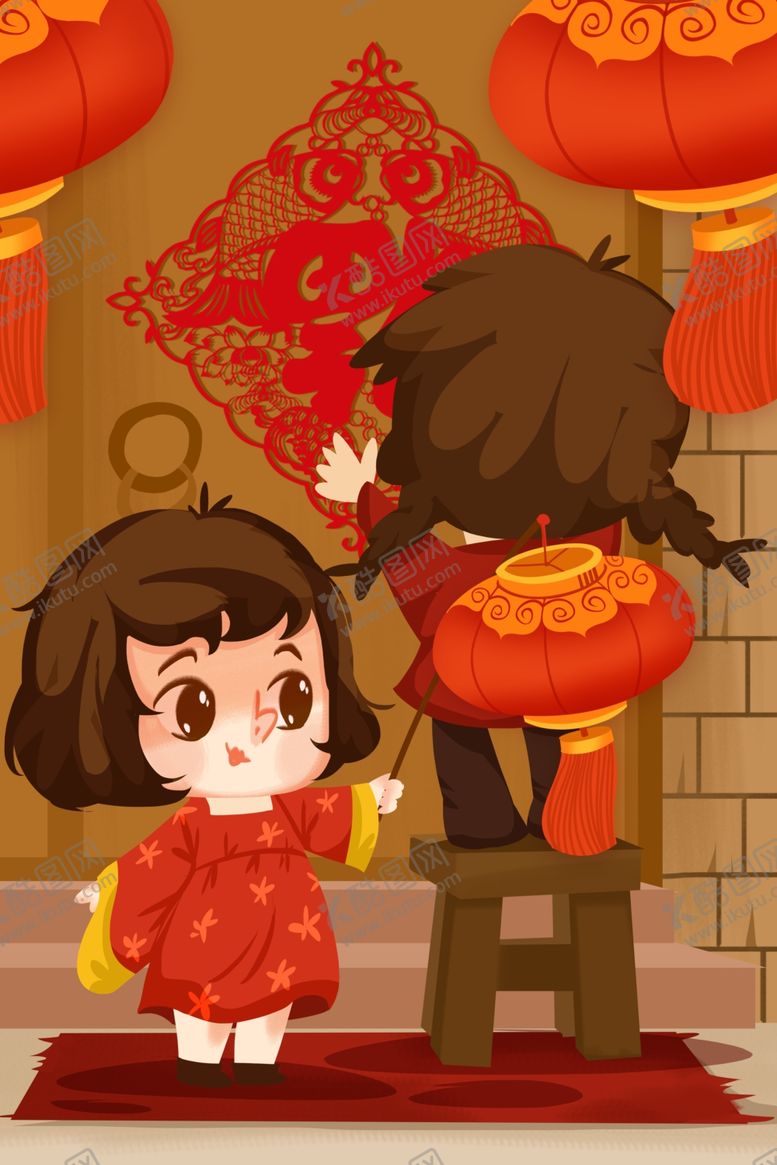新年喜庆卡通插画海报欢度春节人物国潮