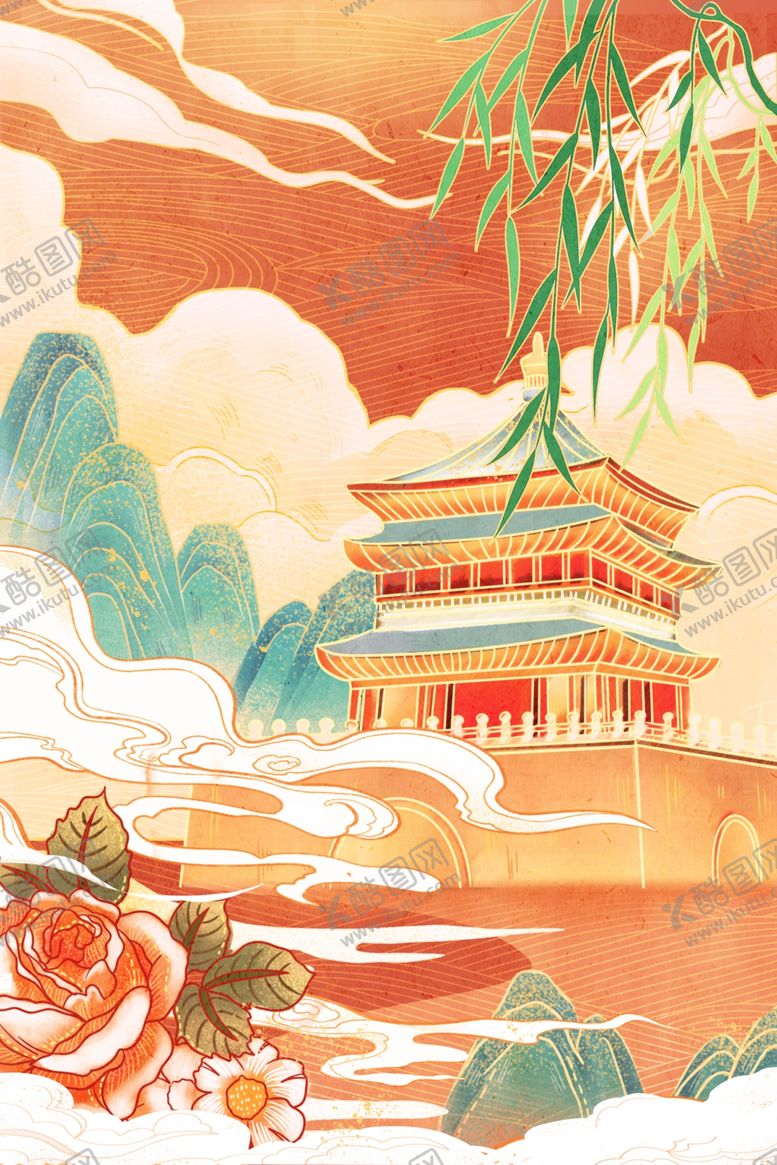编号：99263503312311037310【酷图网】源文件下载-寺院传统复古插画背景海报素材