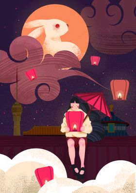 中秋节插画图海报佳小舟