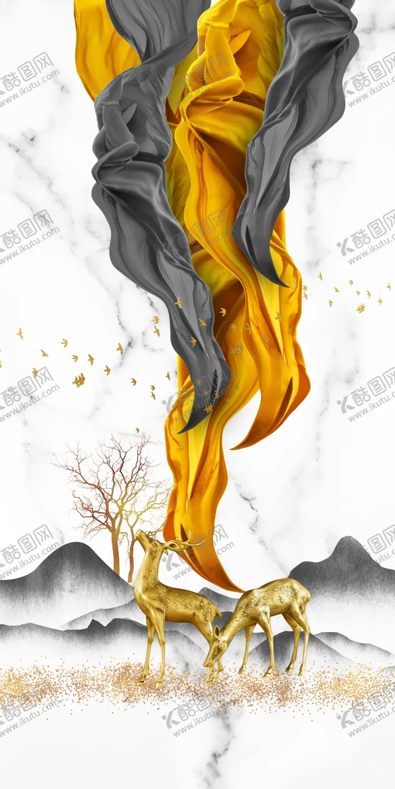编号：82696206301533224883【酷图网】源文件下载-浮雕花鹿飘带玄关图