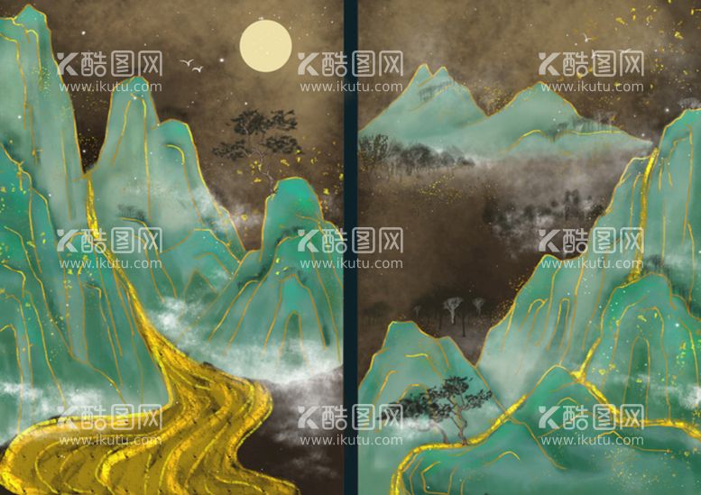 编号：30936112030352336870【酷图网】源文件下载-复古烫金山水画