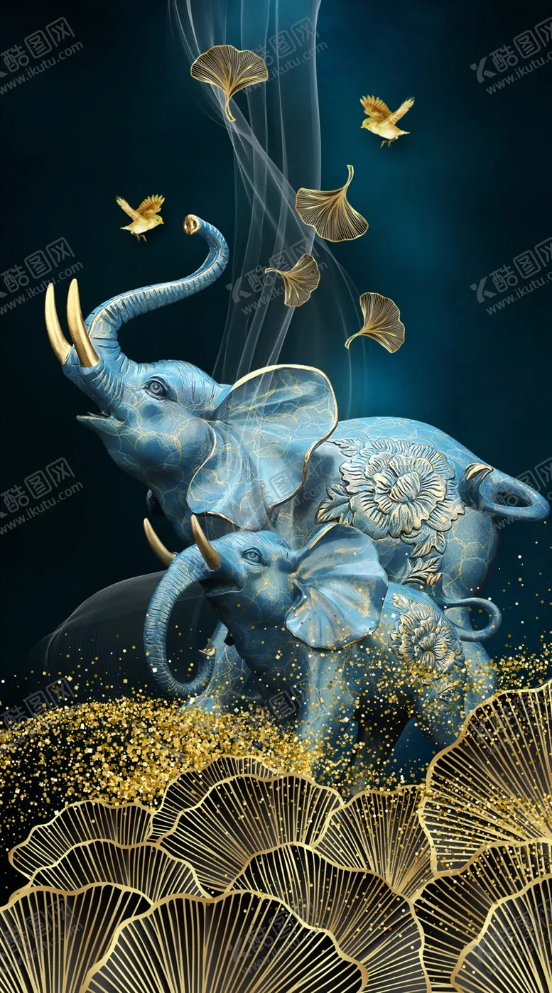 编号：59261309282340584326【酷图网】源文件下载-金色银杏叶大象艺术装饰画