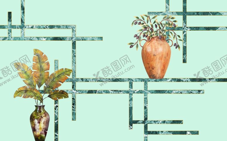 编号：80686910182101435331【酷图网】源文件下载-几何抽象植物花瓶简约背景墙