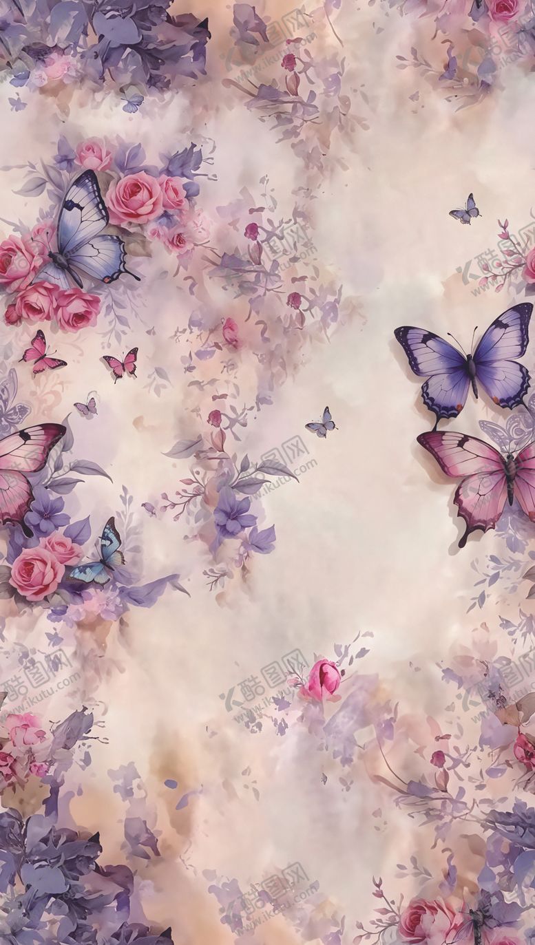 编号：45755804071752578936【酷图网】源文件下载-梦幻花卉蝴蝶水彩背景图
