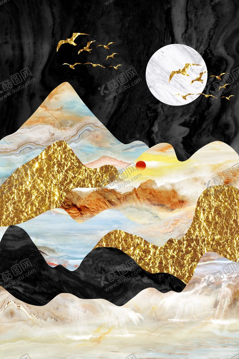 编号：93414109201317001391【酷图网】源文件下载-新中式太阳大理石纹山水装饰画