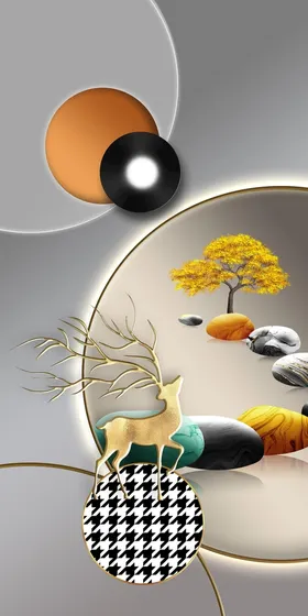 抽象麋鹿山水装饰画玄关发财树新中式