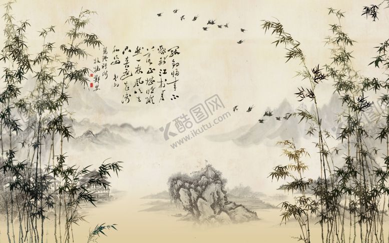 编号：20740309221855483310【酷图网】源文件下载-竹林飞鸟背景墙