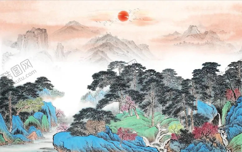 编号：43712610071246240928【酷图网】源文件下载-中式青绿瀑布山水国画电视背景墙