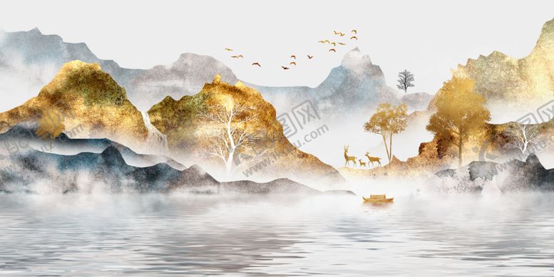 编号：80732609261514596952【酷图网】源文件下载-新中式江南金色风景山水装饰画